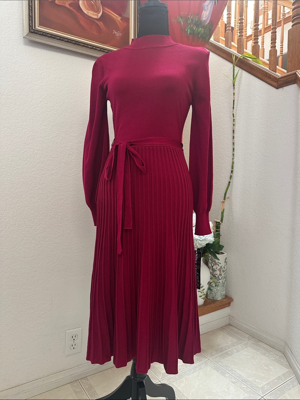 Elegant Women's Burgundy Pleated Knit Dress with Waist Tie